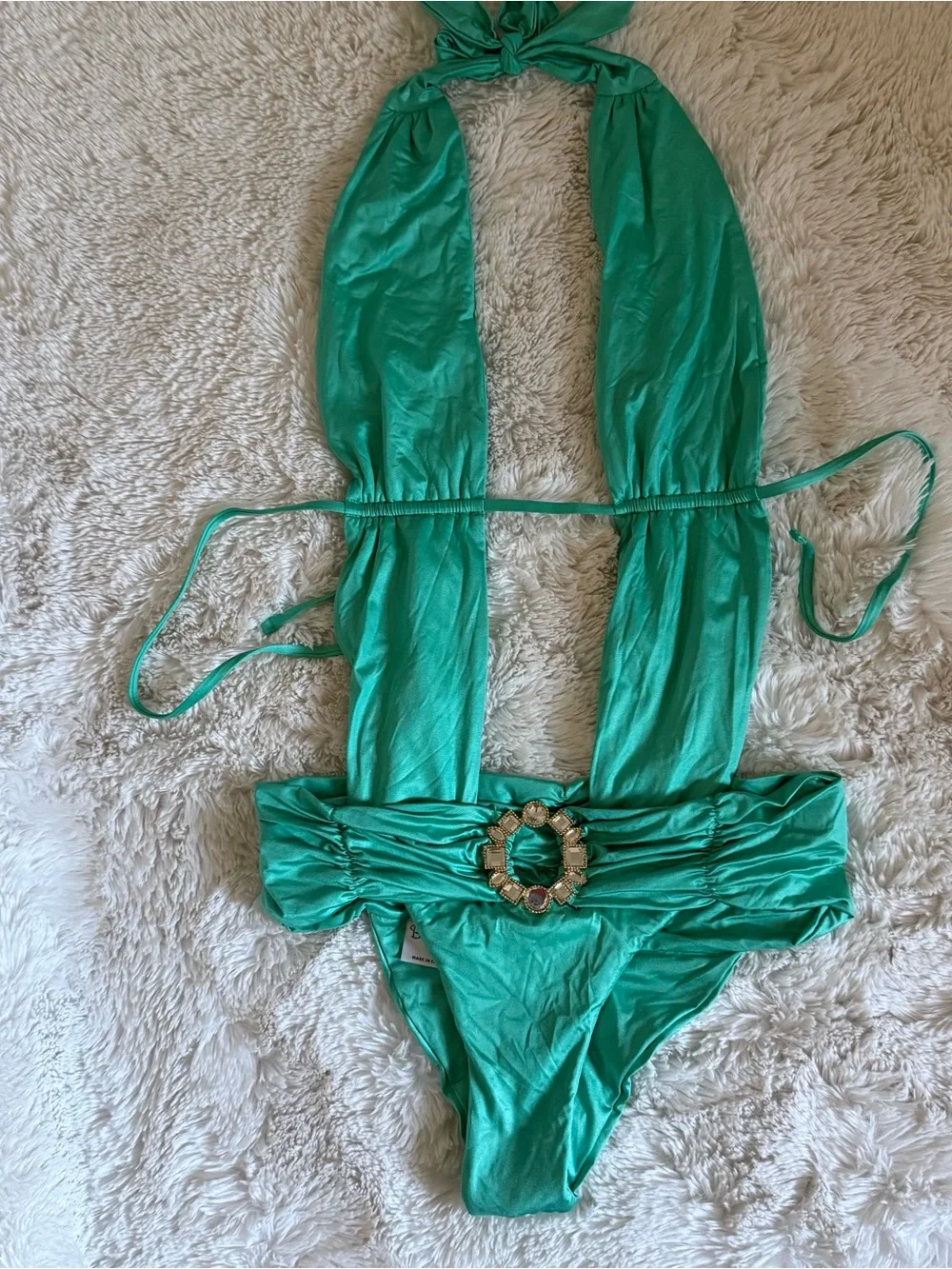Beach Bunny Swimwear Turquoise Plunge One-Piece with Gold Ring